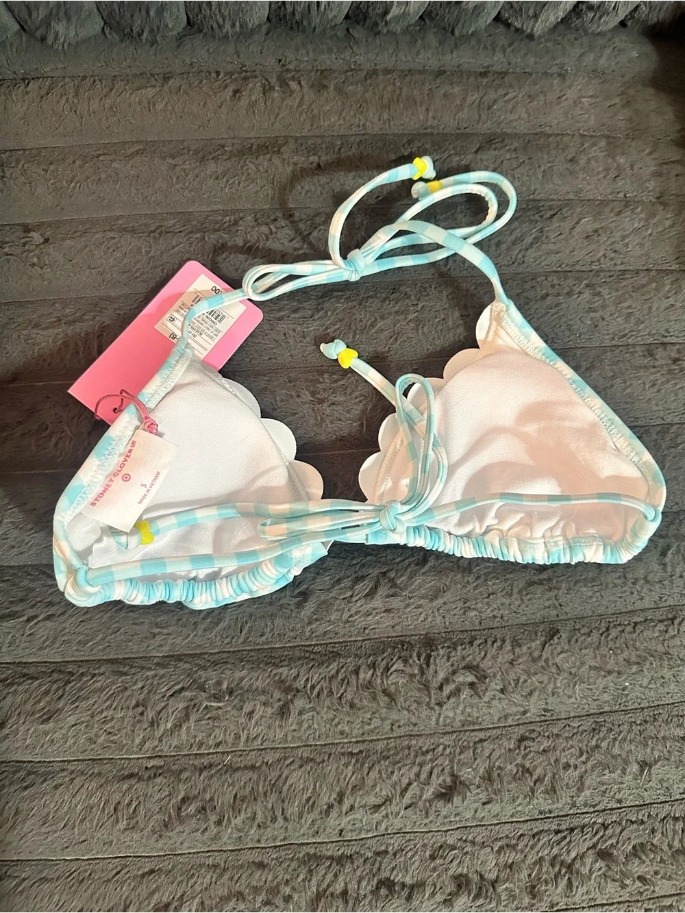 New Target Blue and White Gingham Scalloped Triangle Bikini Top size small